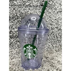 Starbucks Coffee 12oz Cup w/Plastic Green Straw Dome Lid Double Insulated